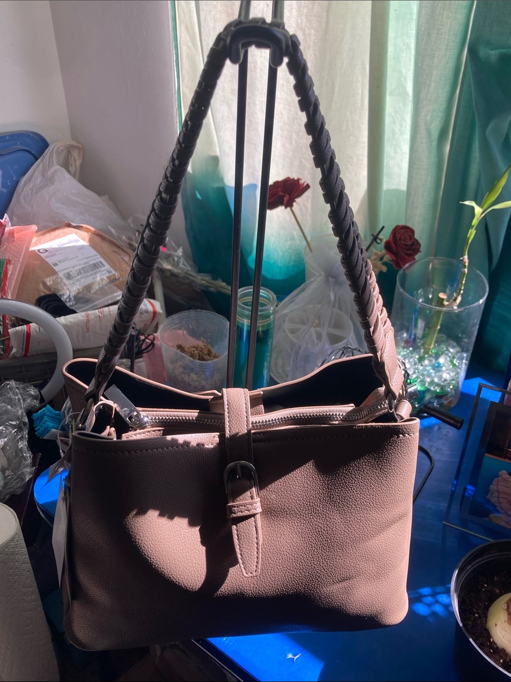 Braided-Handle Shoulder Bag in Taupe